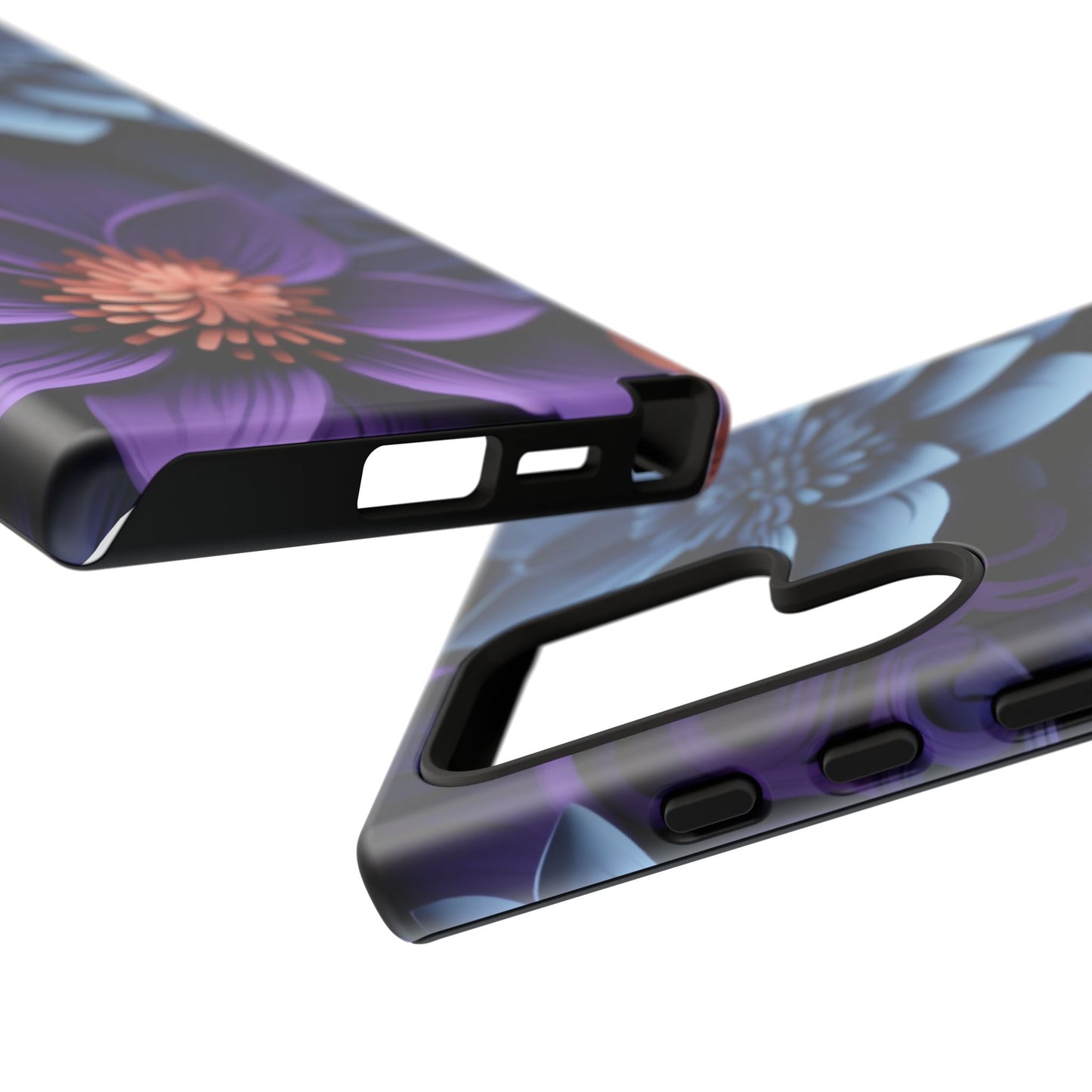 3D Floral Elegance Mobile Case – Midnight Blue & Purple Bloom