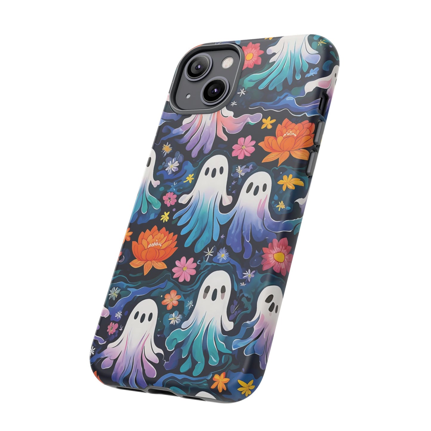 Whimsical Pattern Of Ghosts And Colorful Flowers phone case design.