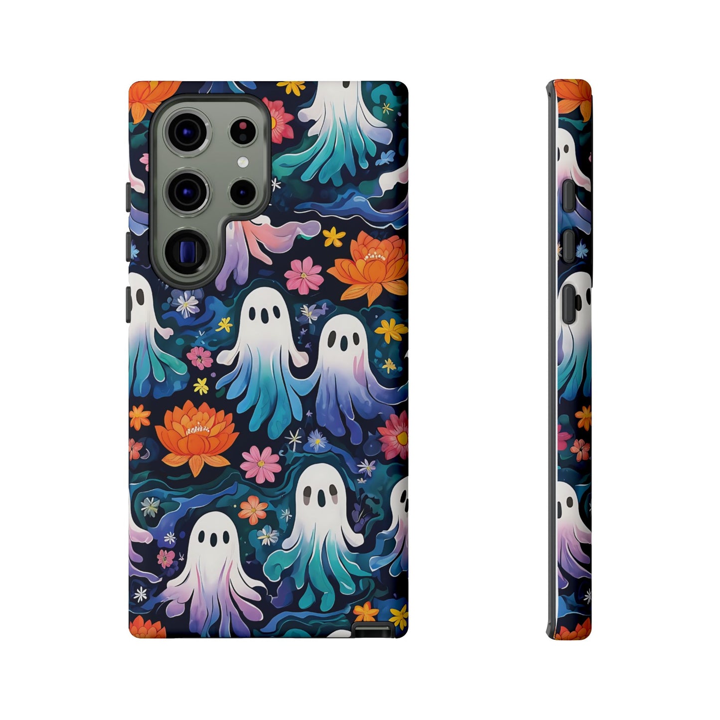Whimsical Pattern Of Ghosts And Colorful Flowers phone case design.