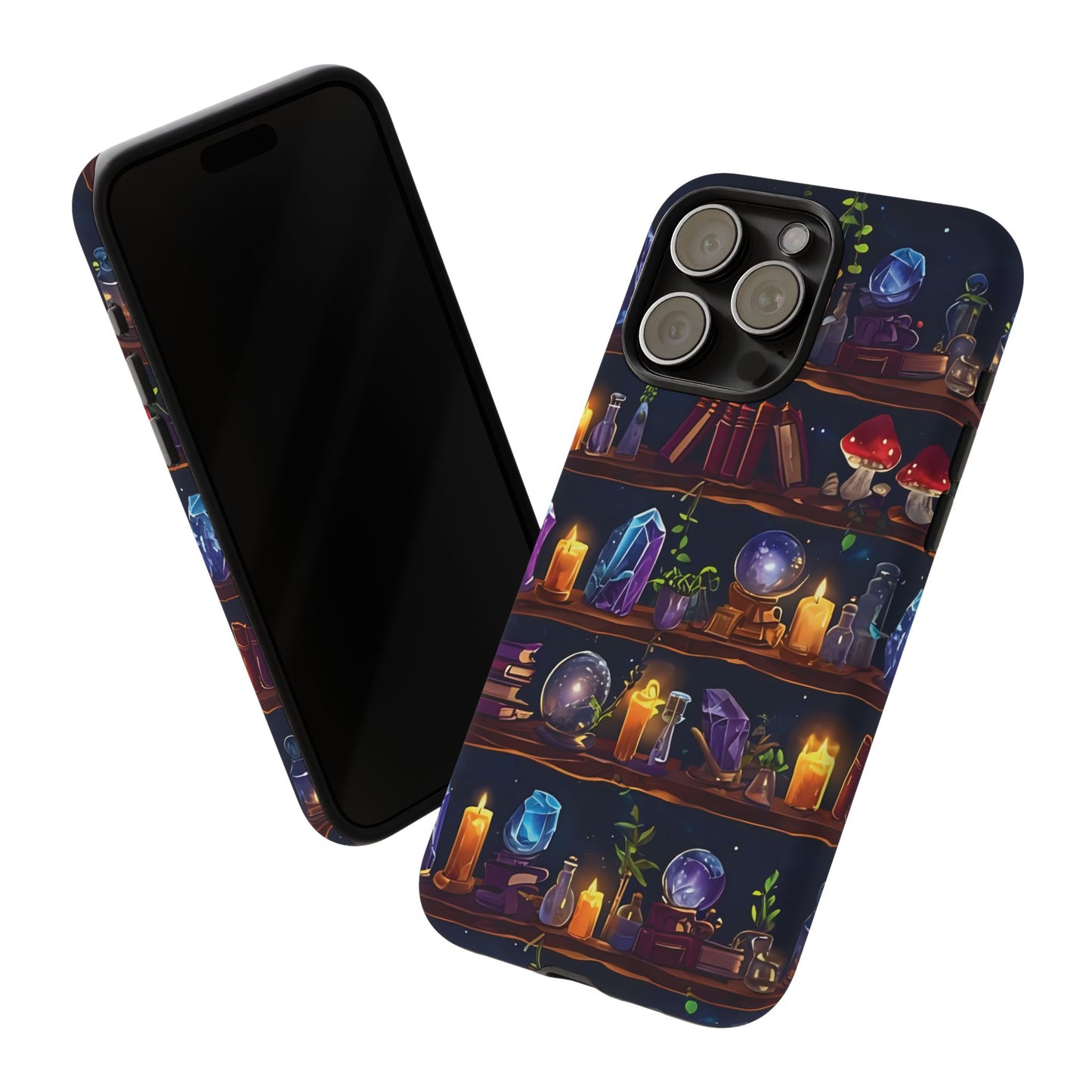 Fantasy Seamless Pattern Of Wooden Shelves Filled With Mystical Items phone case design.