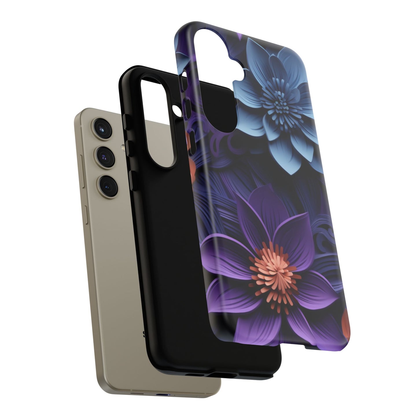3D Floral Elegance Mobile Case – Midnight Blue & Purple Bloom