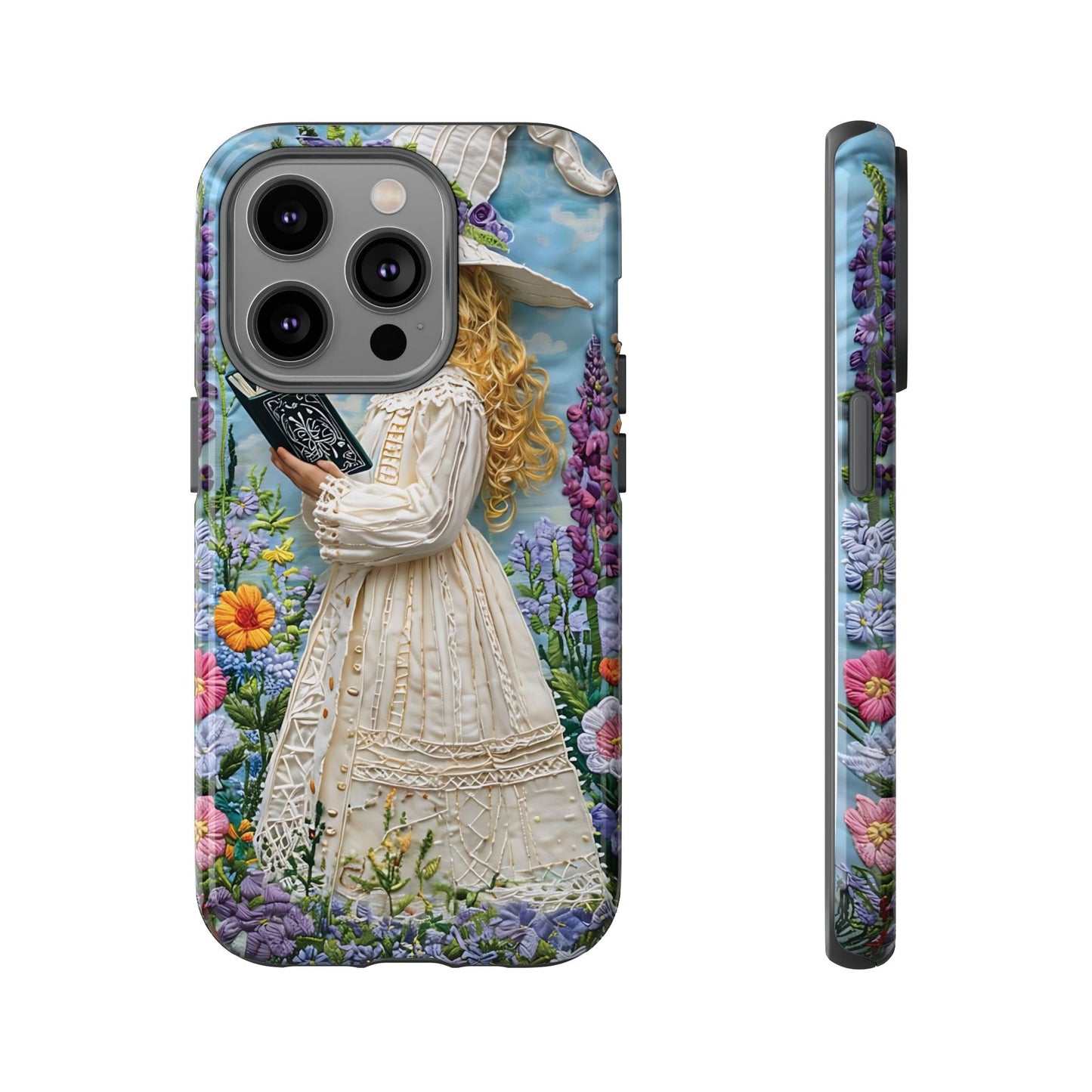 Whimsical Embroidery Of A Girl Reading In A Garden phone case design.