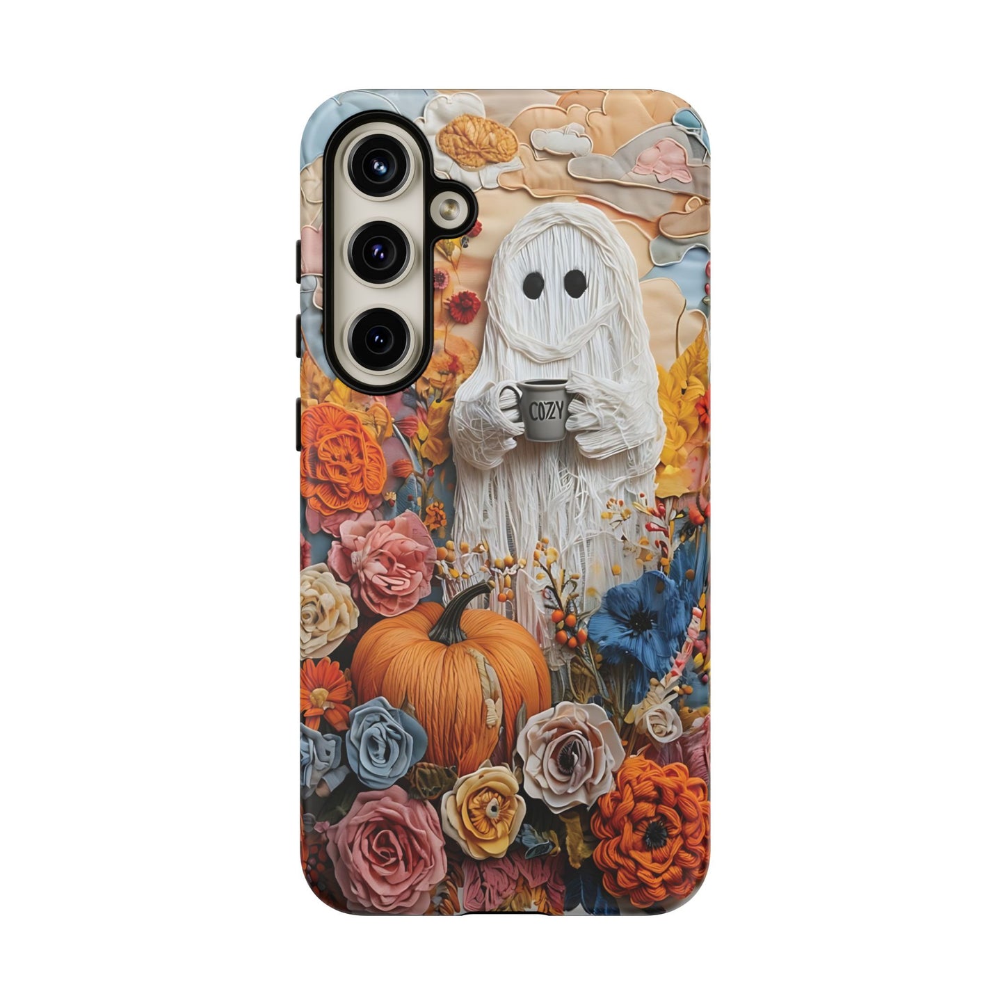 Colorful Whimsical Artwork of Ghost in Autumn Scene phone case design.