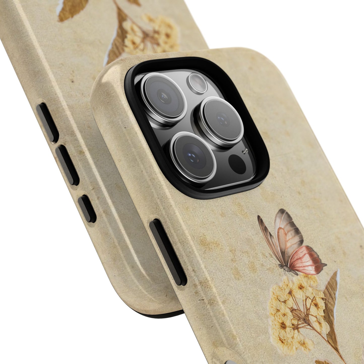 Minimal Vintage Floral Phone Case – Yellow Flower & Butterfly on Beige | For iPhone, Samsung & Google Pixel