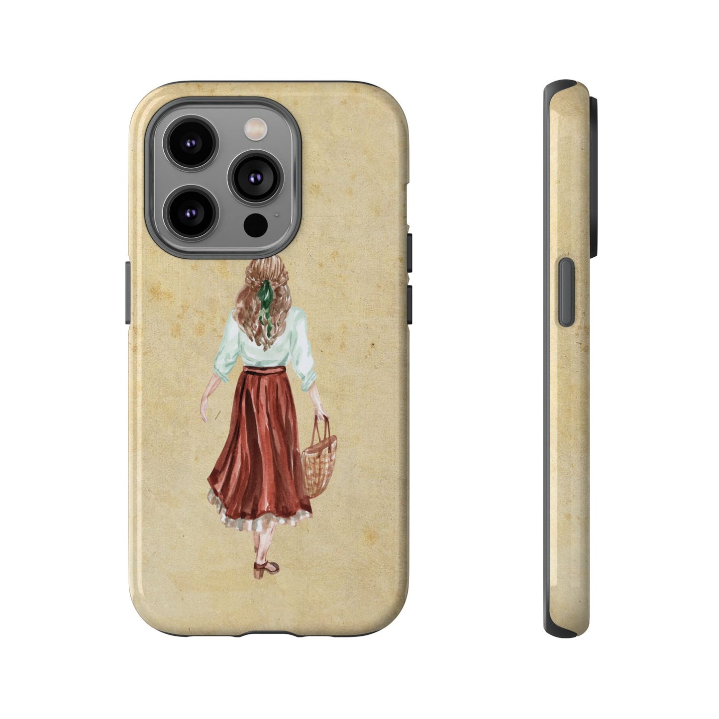 Minimal Vintage Girl with Bag Phone Case – Aesthetic Beige Design for iPhone, Samsung & Google Pixel