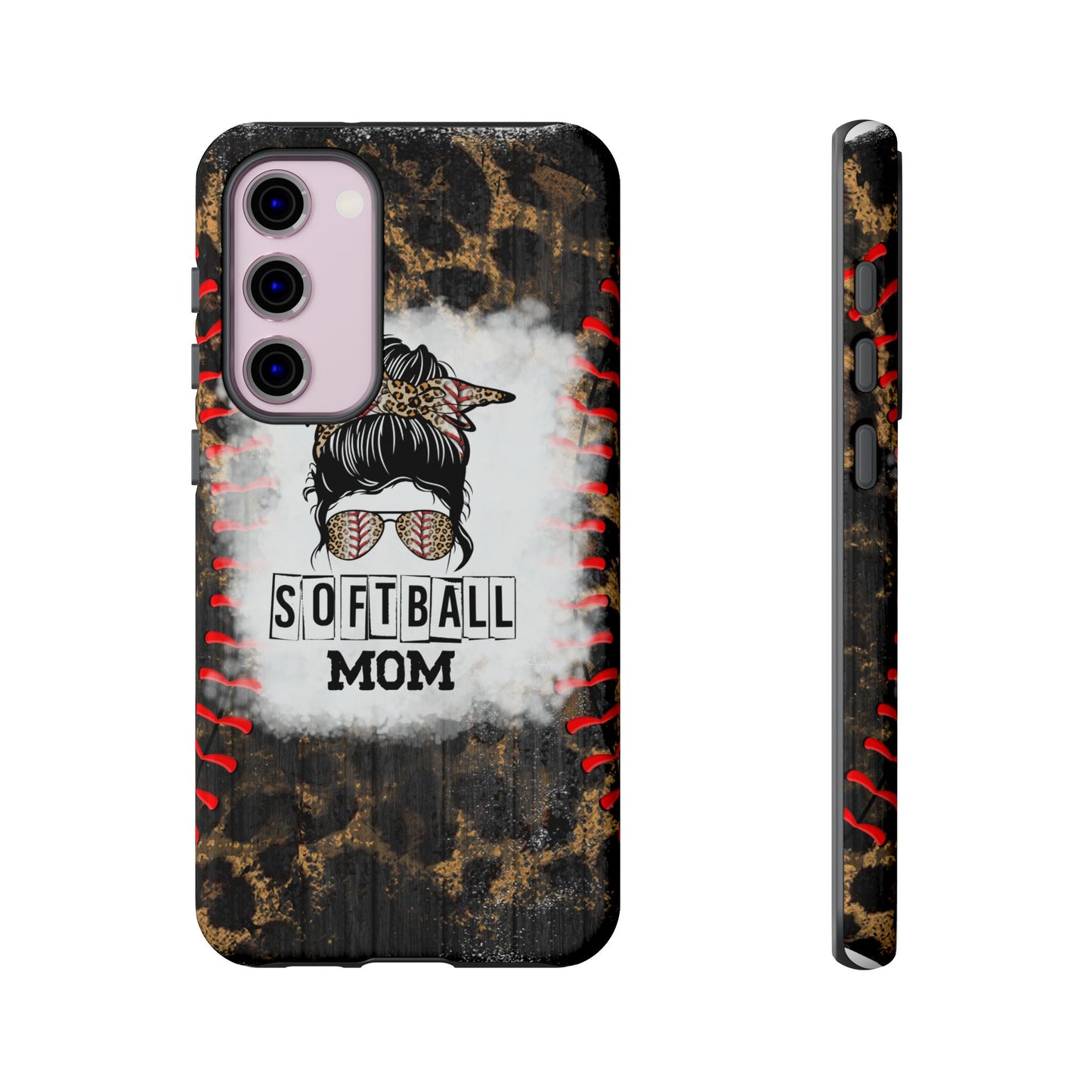 Softball Mom Phone Case for iPhone, Samsung & Google Pixel, Messy Bun Phone Case, Leopard Print Phone Case, Sports Lover Gift