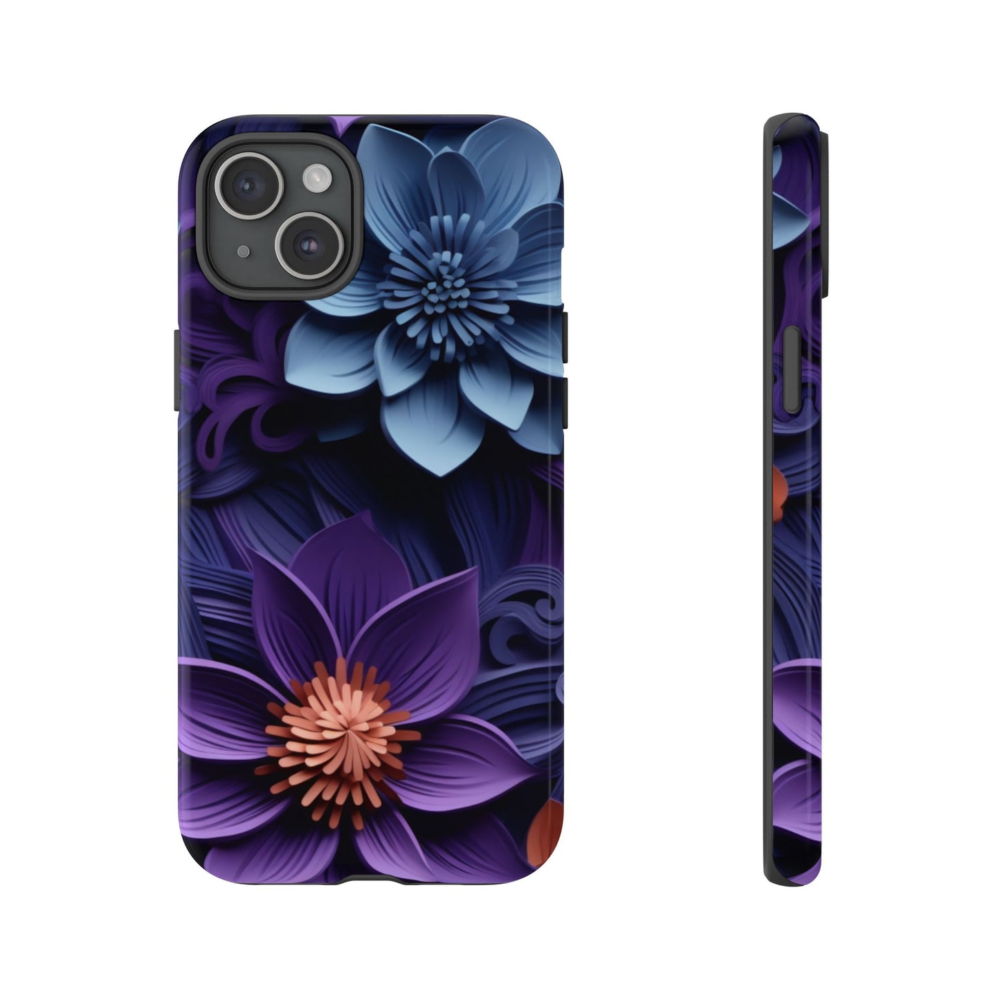 3D Floral Elegance Mobile Case – Midnight Blue & Purple Bloom