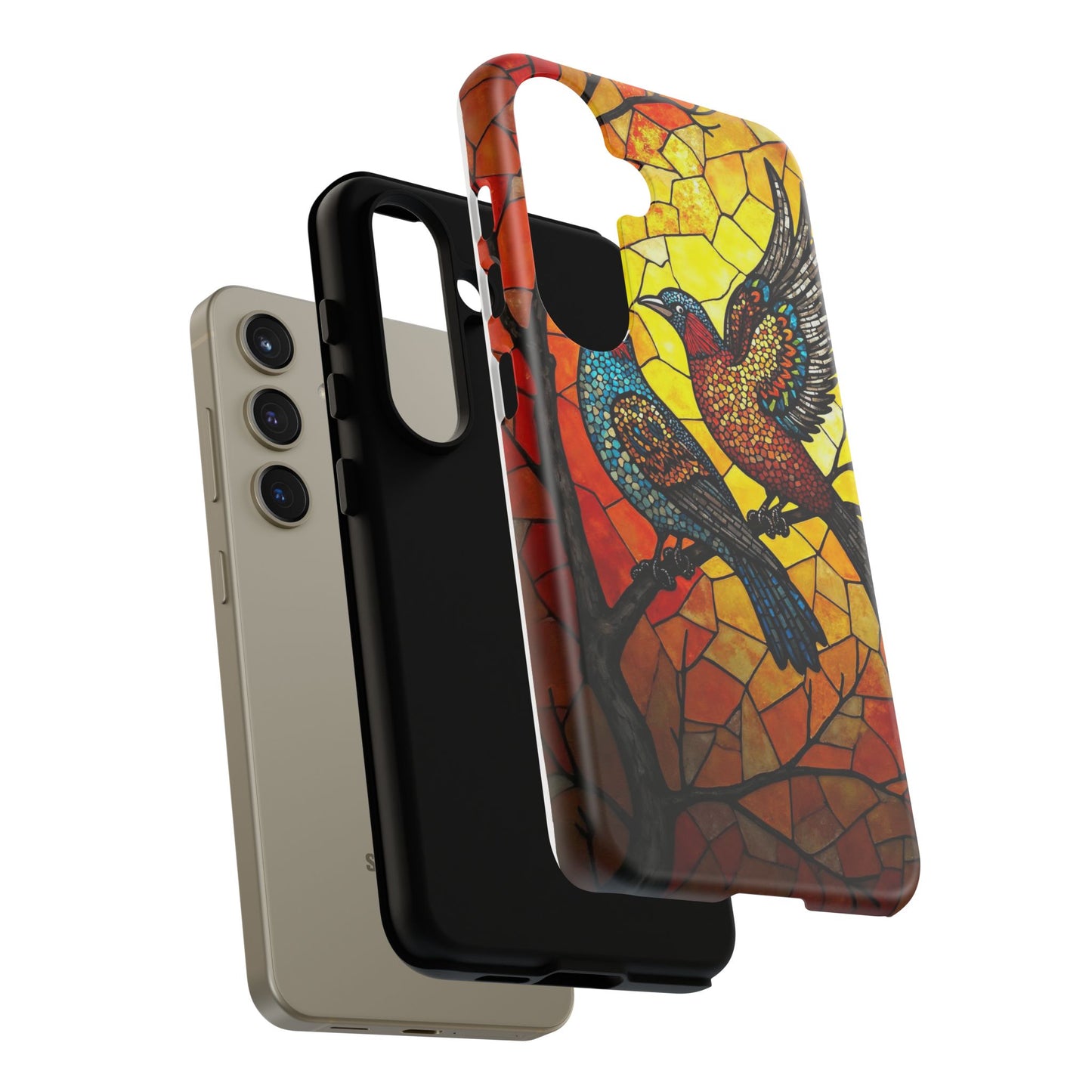 Vibrant Hummingbirds with Stained Glass Charm