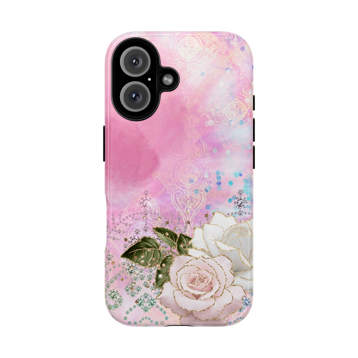 Luxury Pink & White Rose Glitter Mobile Case – Elegant & Shimmering Design