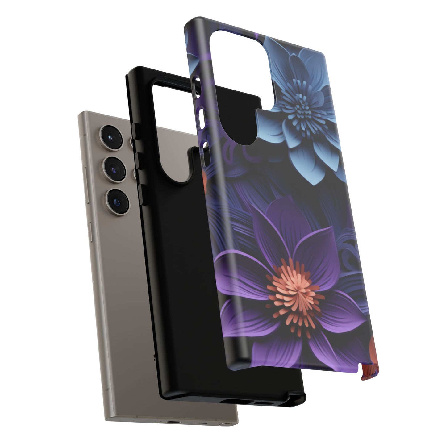 3D Floral Elegance Mobile Case – Midnight Blue & Purple Bloom