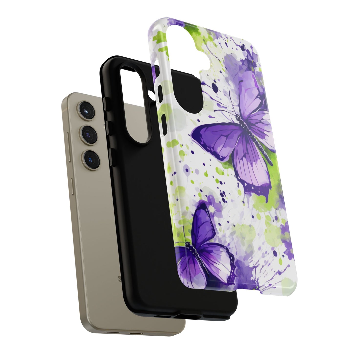 Vibrant Purple Butterfly Splash Mobile Cover – Artistic Green & Violet Aesthetic