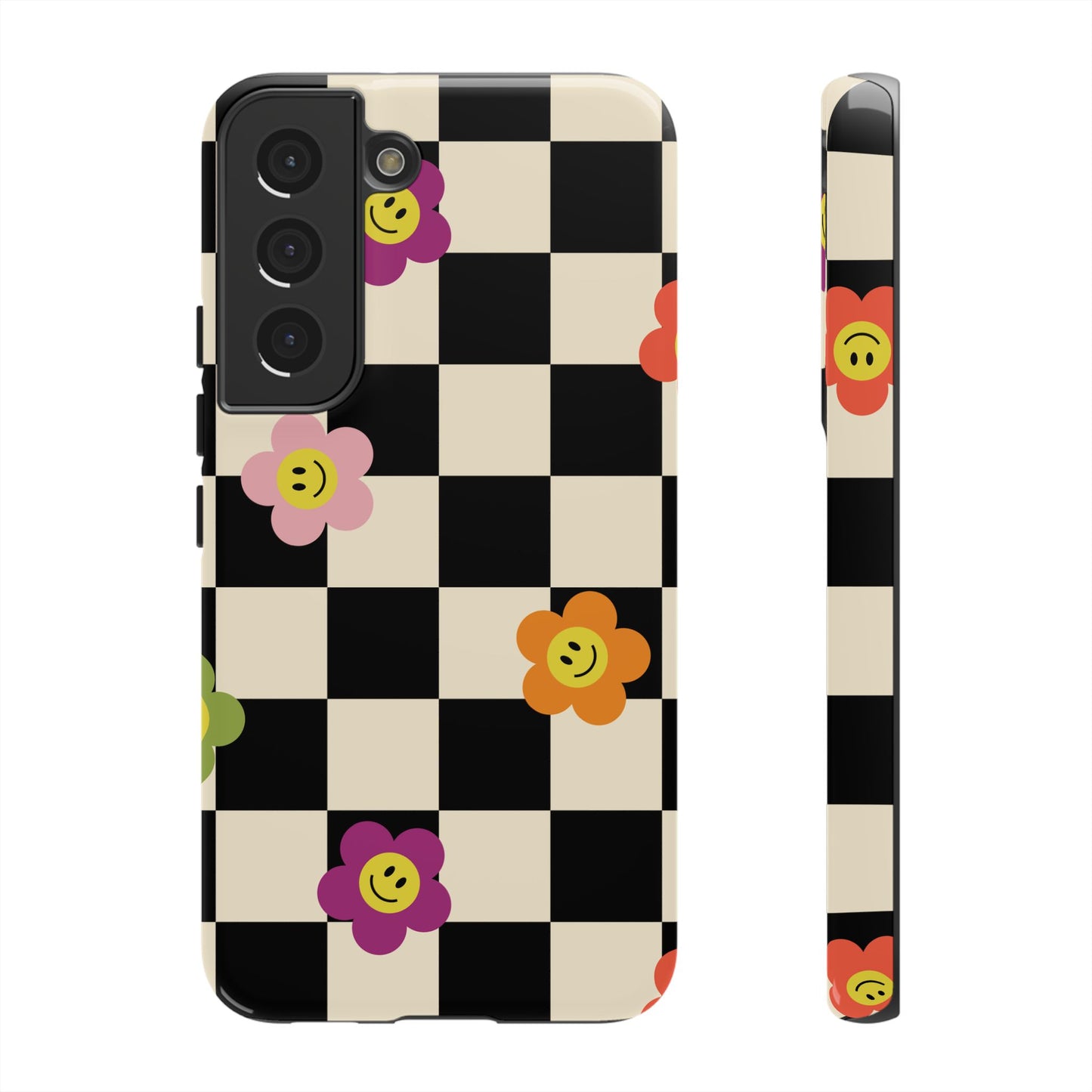 Retro Floral Phone Case – Vintage Flowers on Black & Beige Tiles, Chess Phone Case | For iPhone, Samsung & Google Pixel