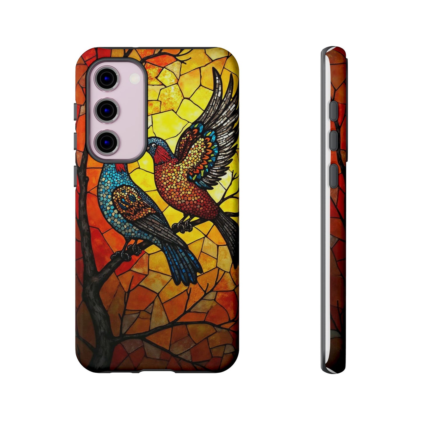 Vibrant Hummingbirds with Stained Glass Charm