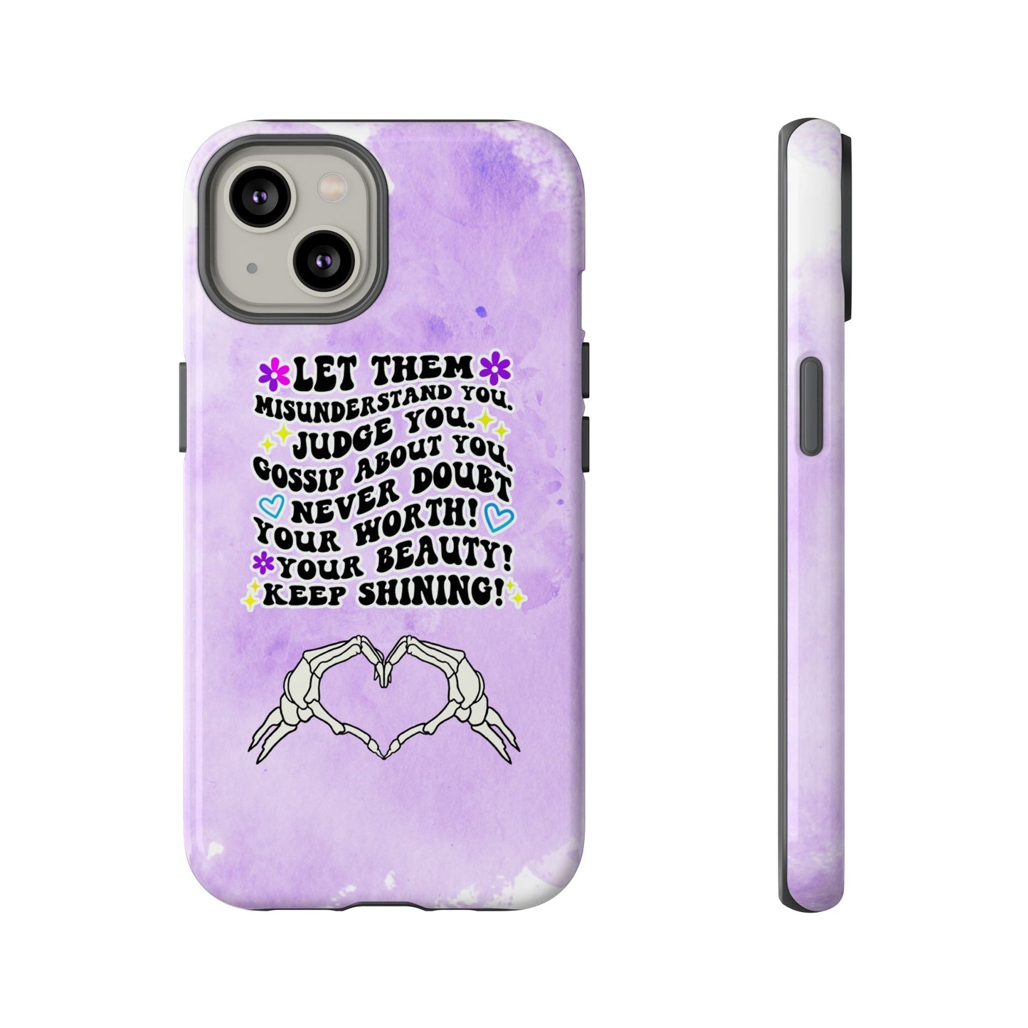 Skeleton Hand Heart Phone Case, Let Them Misunderstand You, Judge You, Gossip About You, Never Doubt Your Worth, Your Beauty Keep Shining Phone Case, Motivational Quote Cover for iPhone, Samsung & Google Pixel White Peach Checkered Pattern Phone Cover