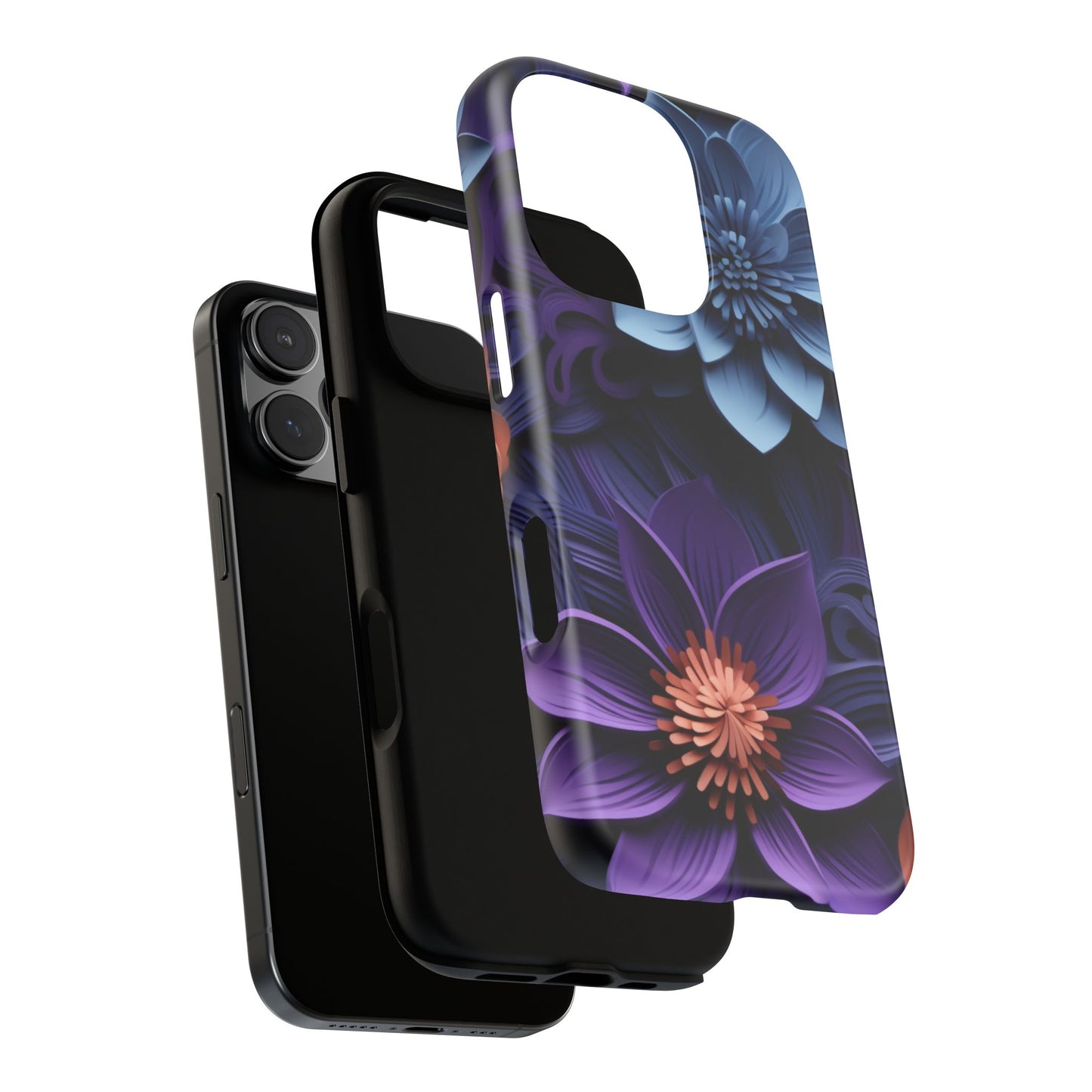 3D Floral Elegance Mobile Case – Midnight Blue & Purple Bloom
