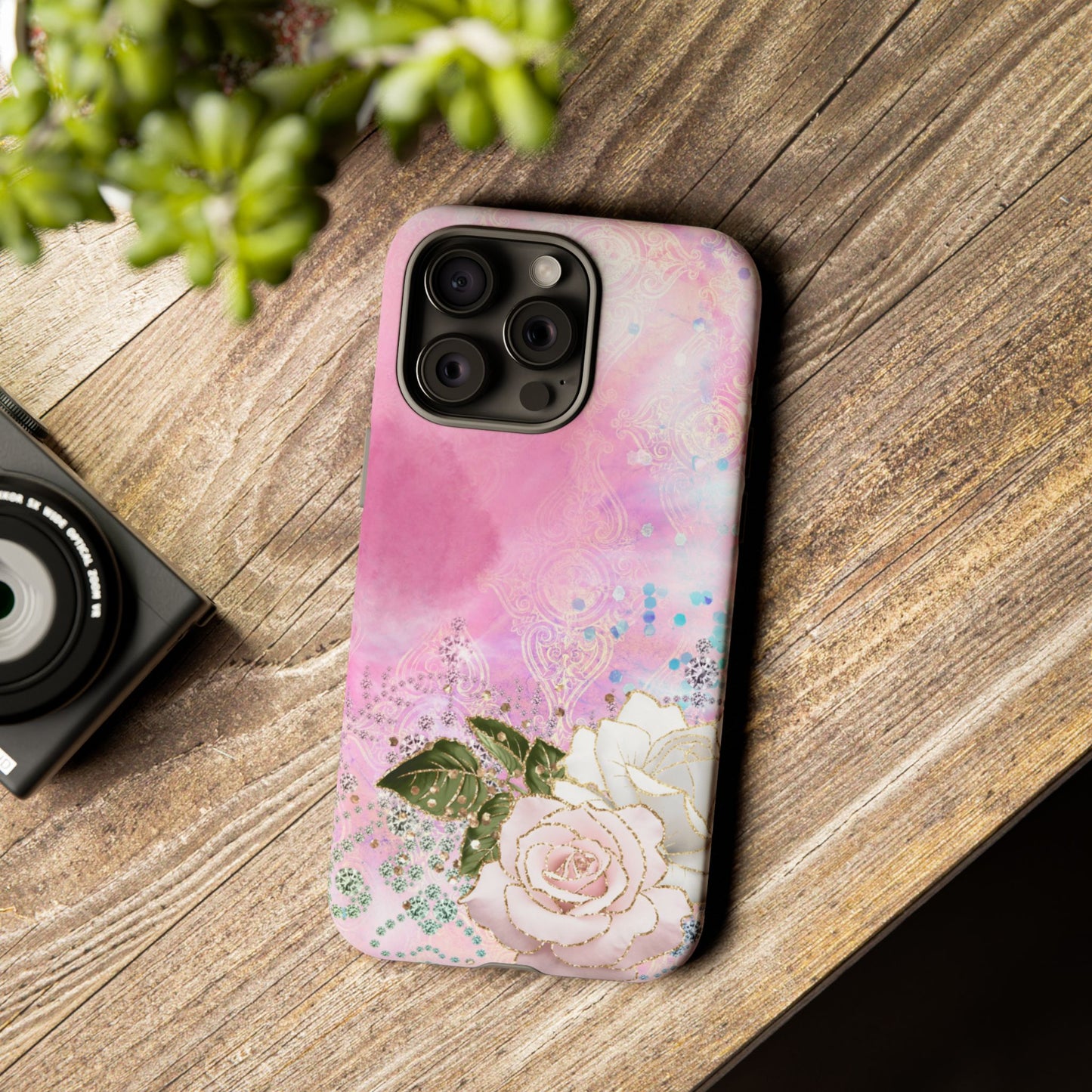 Luxury Pink & White Rose Glitter Mobile Case – Elegant & Shimmering Design