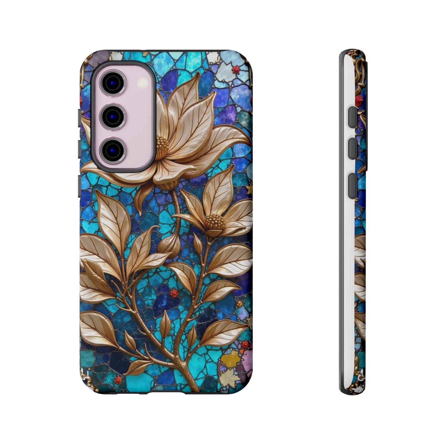 Golden Blossoms on Mosaic Blue Elegance