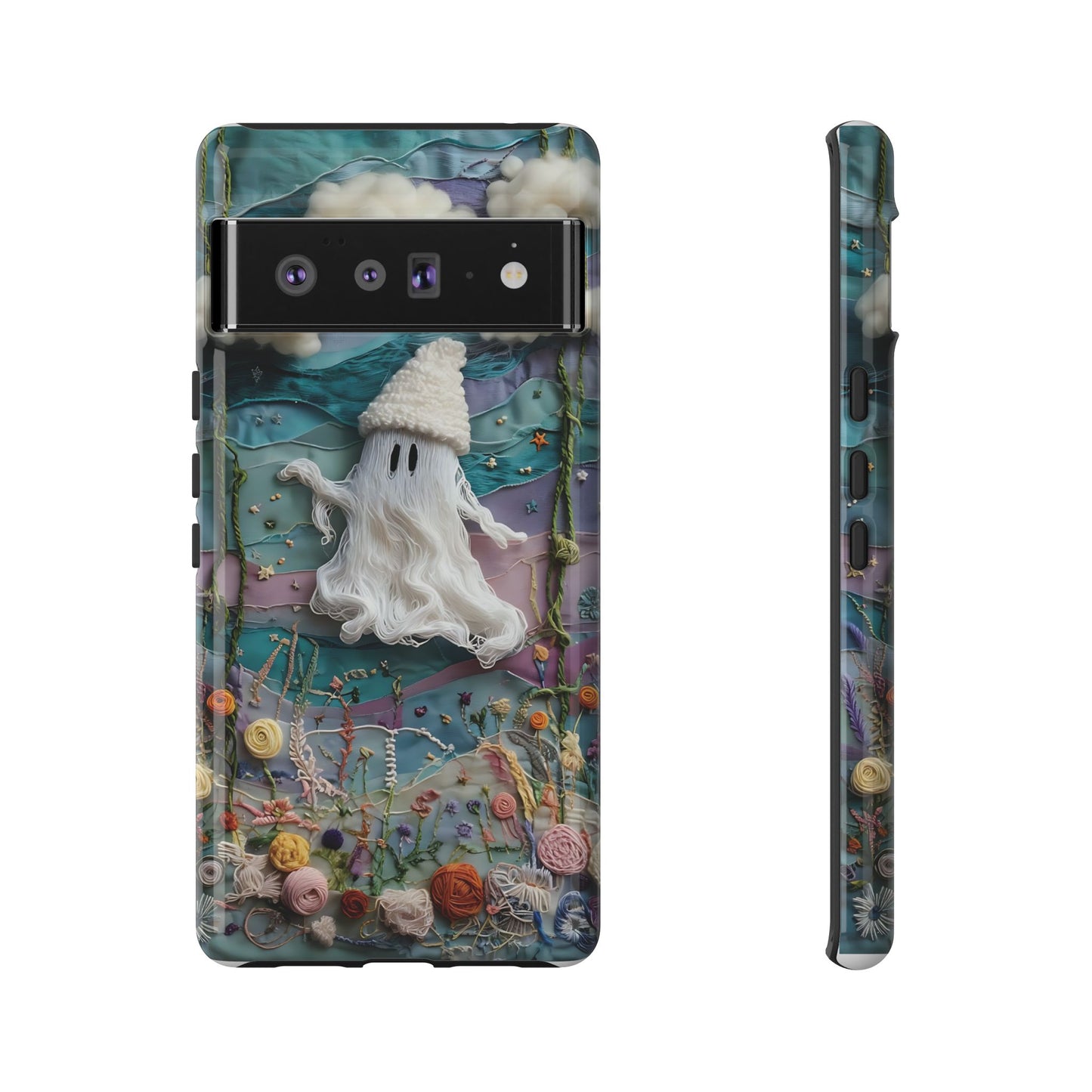 Whimsical Ghost Surrounded By Vibrant Embroidered Flowers phone case design.