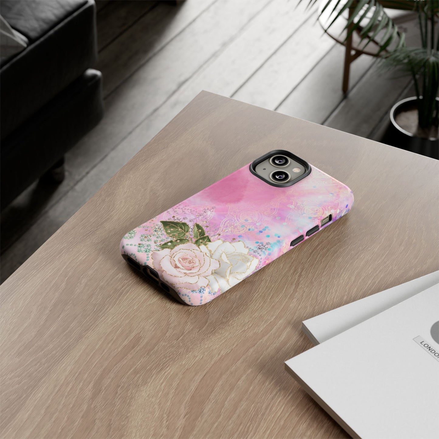 Luxury Pink & White Rose Glitter Mobile Case – Elegant & Shimmering Design