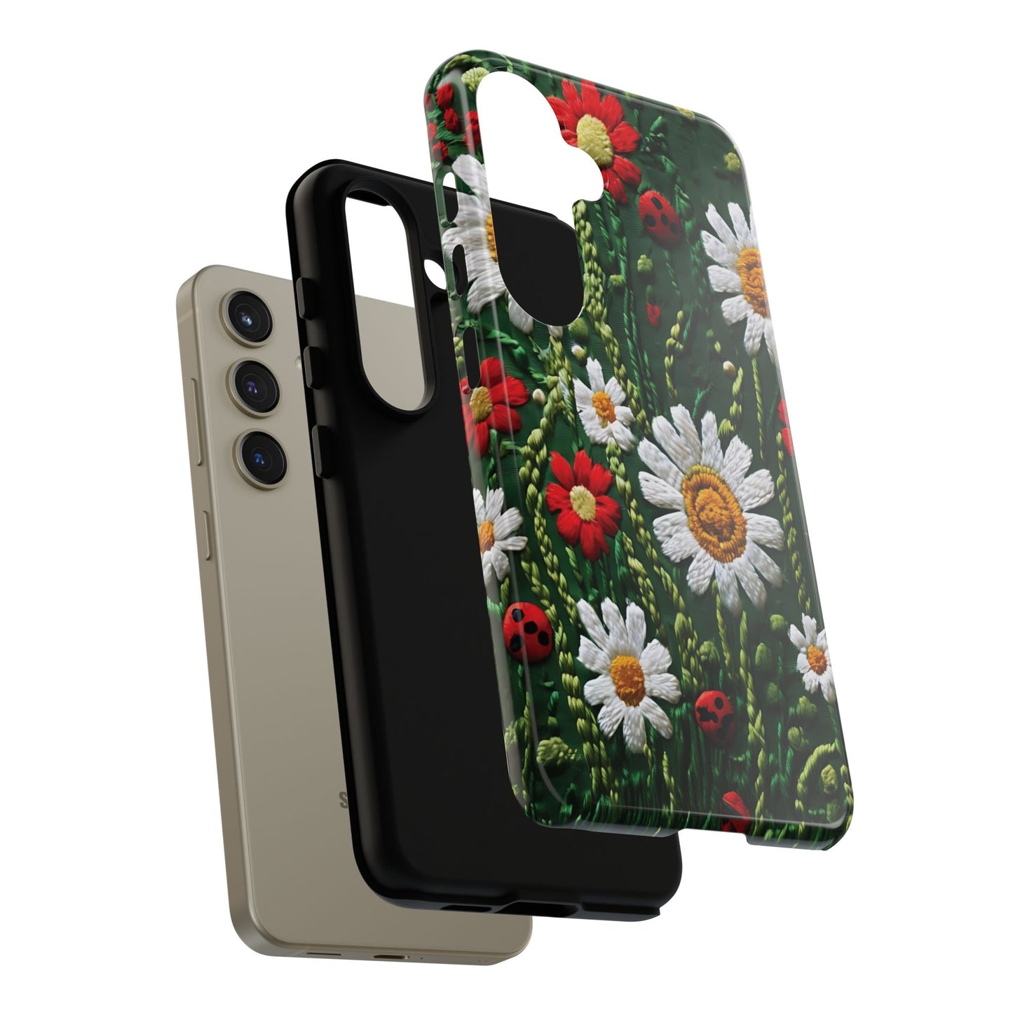 Intricate Embroidered Fabric Featuring Daisies And Ladybugs phone case design