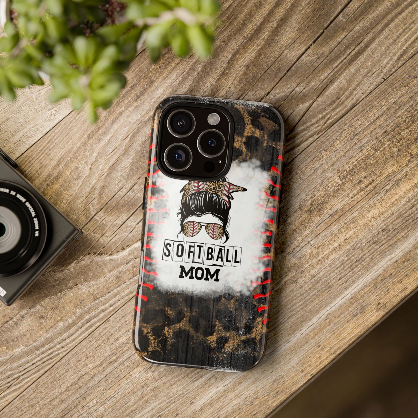 Softball Mom Phone Case for iPhone, Samsung & Google Pixel, Messy Bun Phone Case, Leopard Print Phone Case, Sports Lover Gift