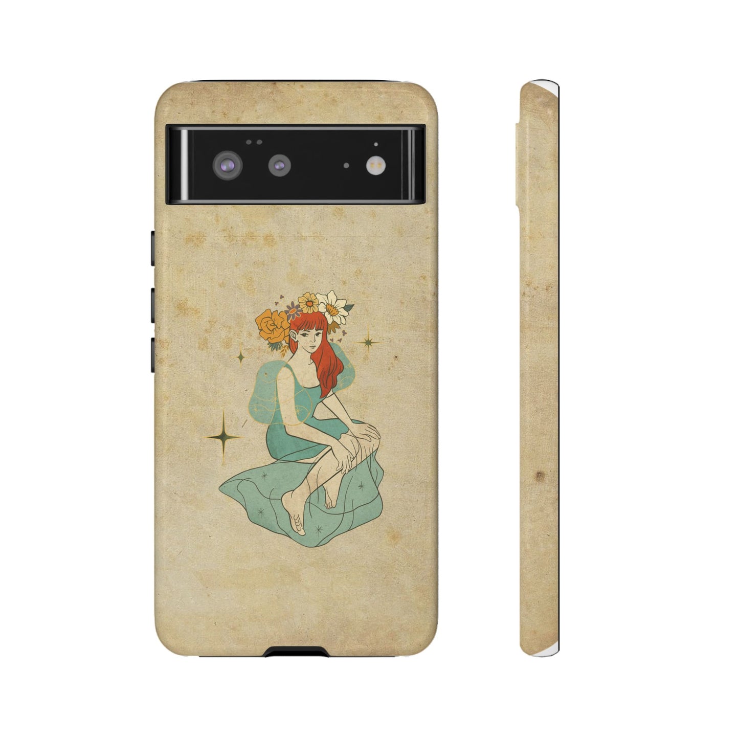 Vintage Aesthetic Phone Case – Cute Girl with Flower Crown | Minimal Beige Cover for iPhone, Samsung & Pixel