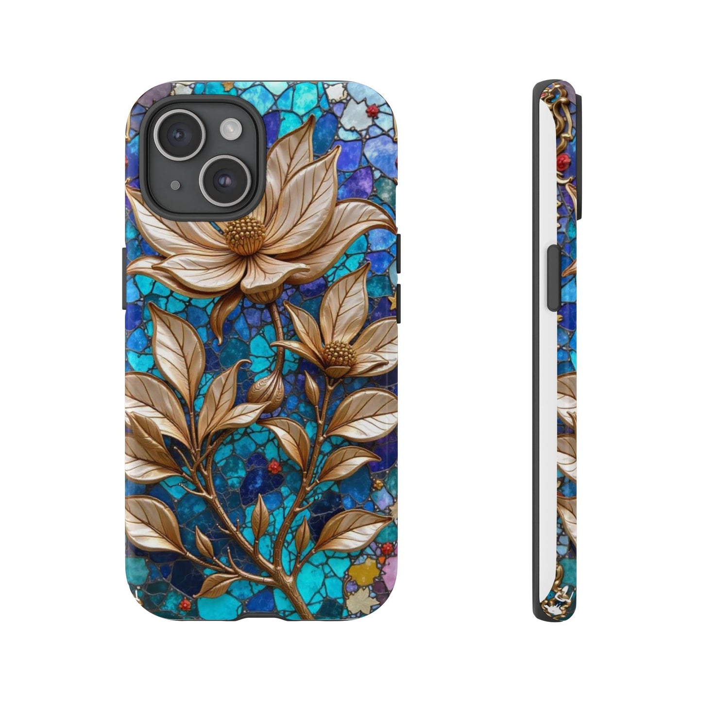 Golden Blossoms on Mosaic Blue Elegance