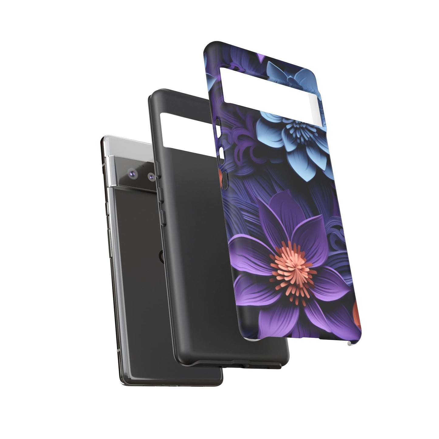 3D Floral Elegance Mobile Case – Midnight Blue & Purple Bloom