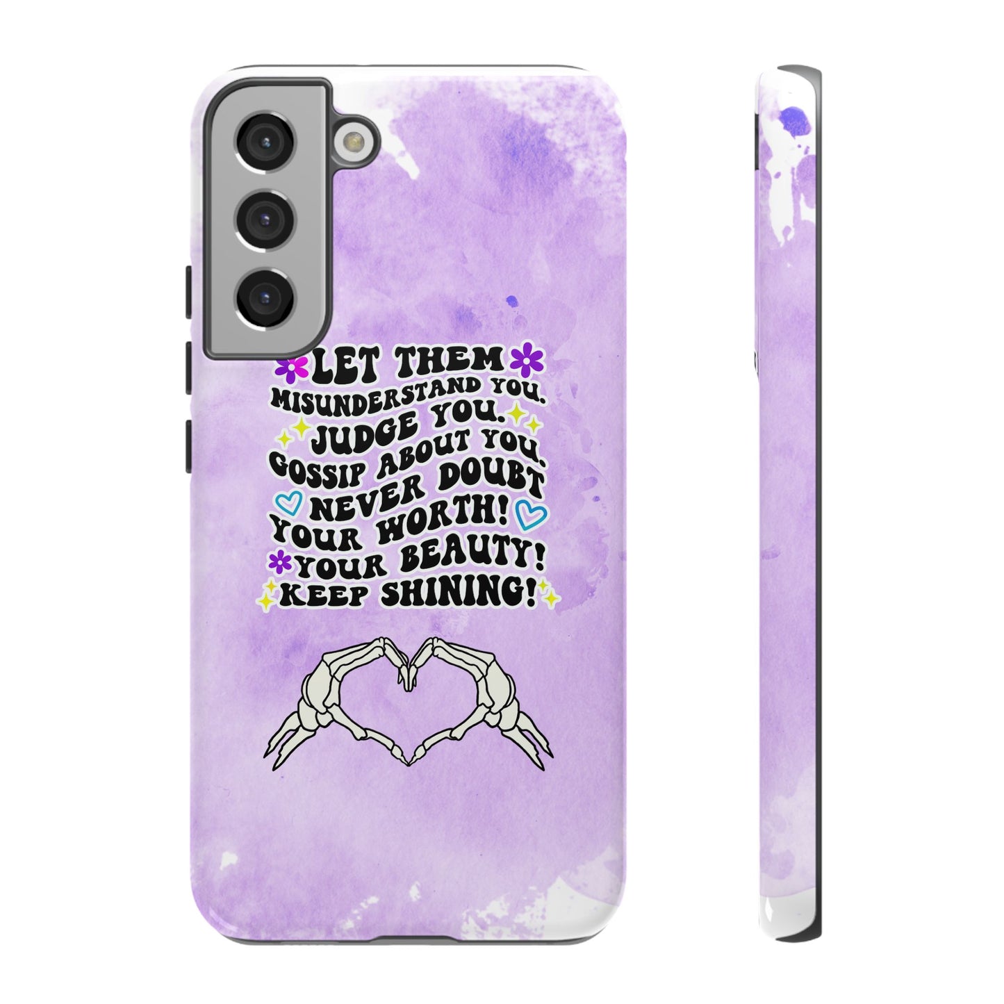 Skeleton Hand Heart Phone Case, Let Them Misunderstand You, Judge You, Gossip About You, Never Doubt Your Worth, Your Beauty Keep Shining Phone Case, Motivational Quote Cover for iPhone, Samsung & Google Pixel White Peach Checkered Pattern Phone Cover