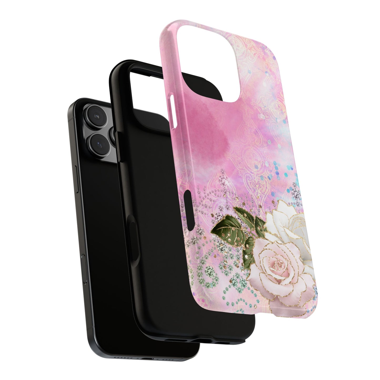 Luxury Pink & White Rose Glitter Mobile Case – Elegant & Shimmering Design