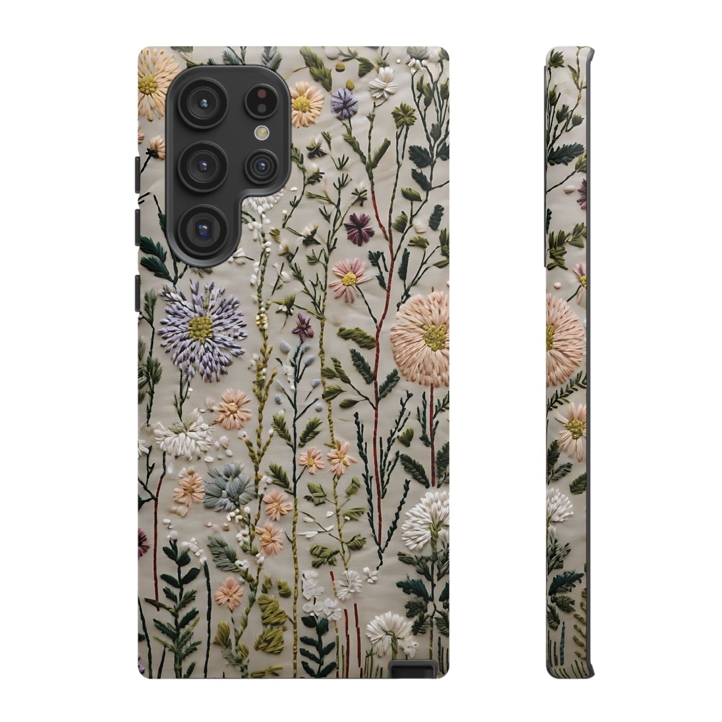Intricate Embroidery Artwork Featuring Botanical Elements On Beige phone case design.