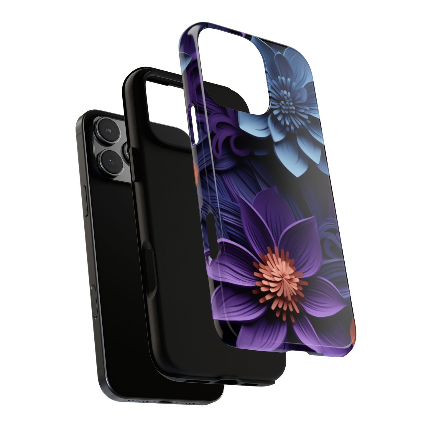 3D Floral Elegance Mobile Case – Midnight Blue & Purple Bloom