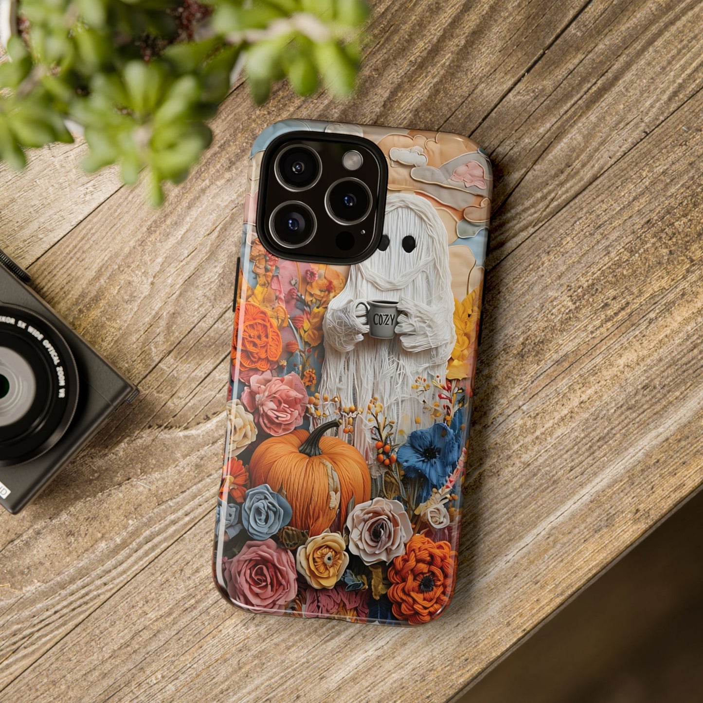 Colorful Whimsical Artwork of Ghost in Autumn Scene phone case design.