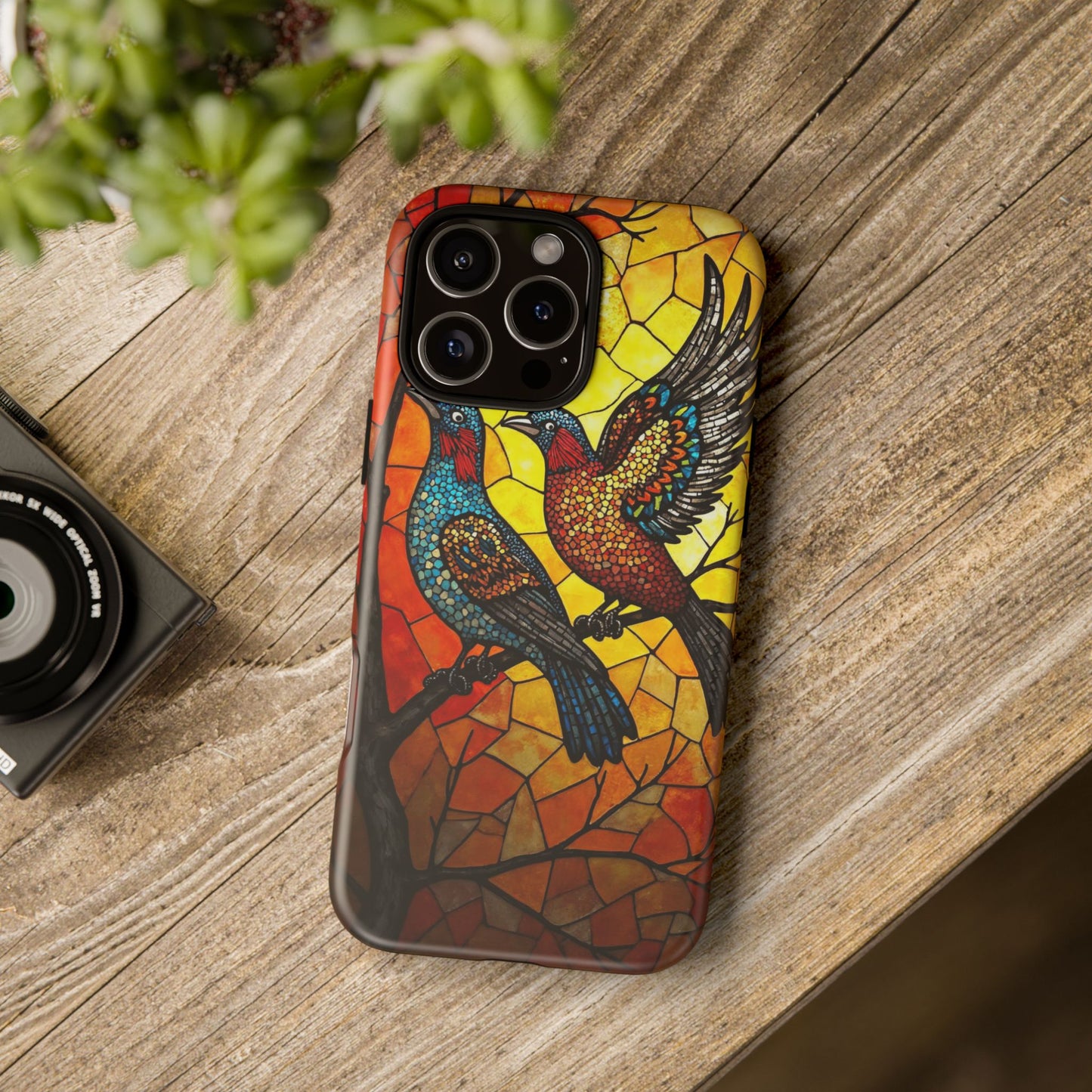 Vibrant Hummingbirds with Stained Glass Charm