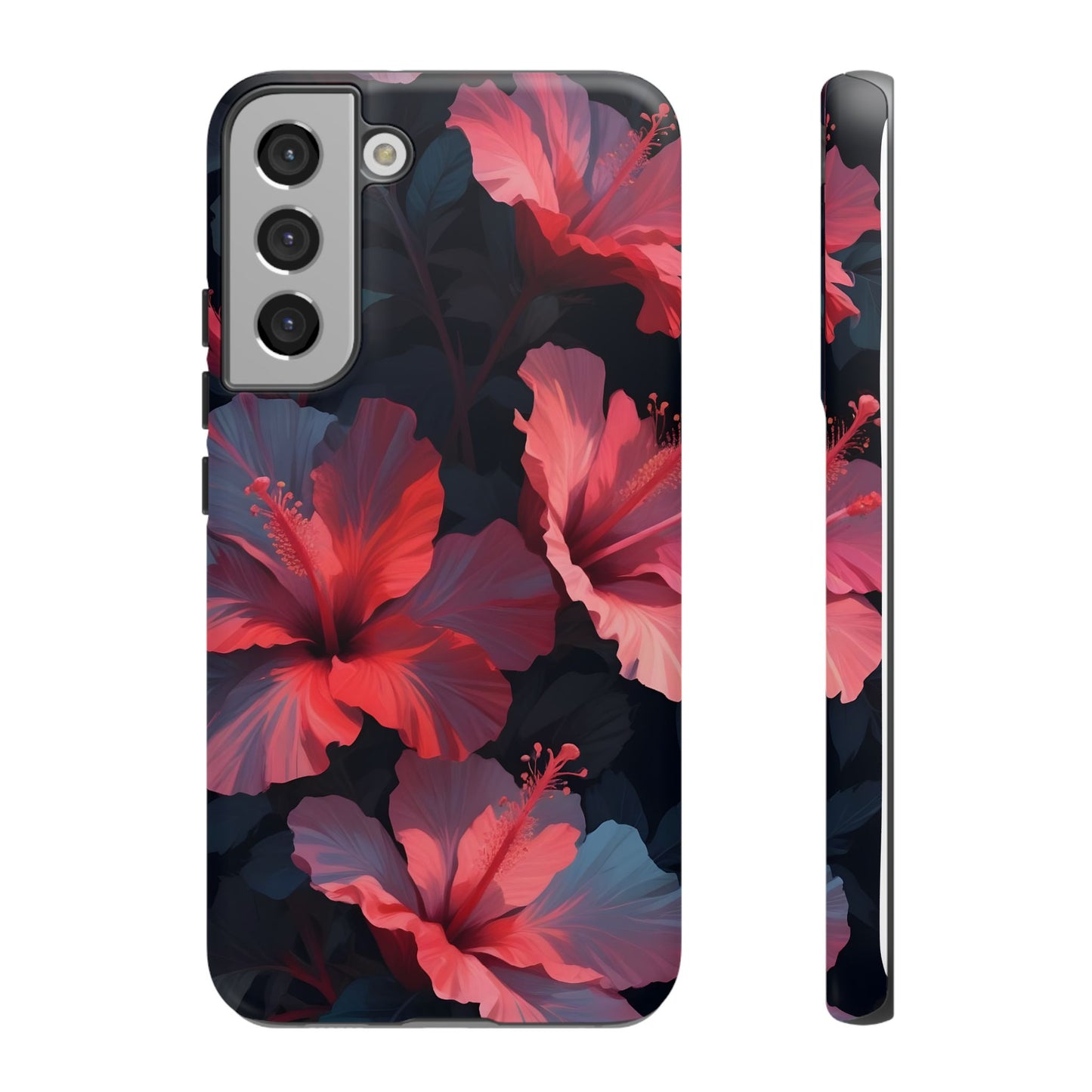 Vibrant red and pink hibiscus flowers blooming against a dark background| Floral phone case design