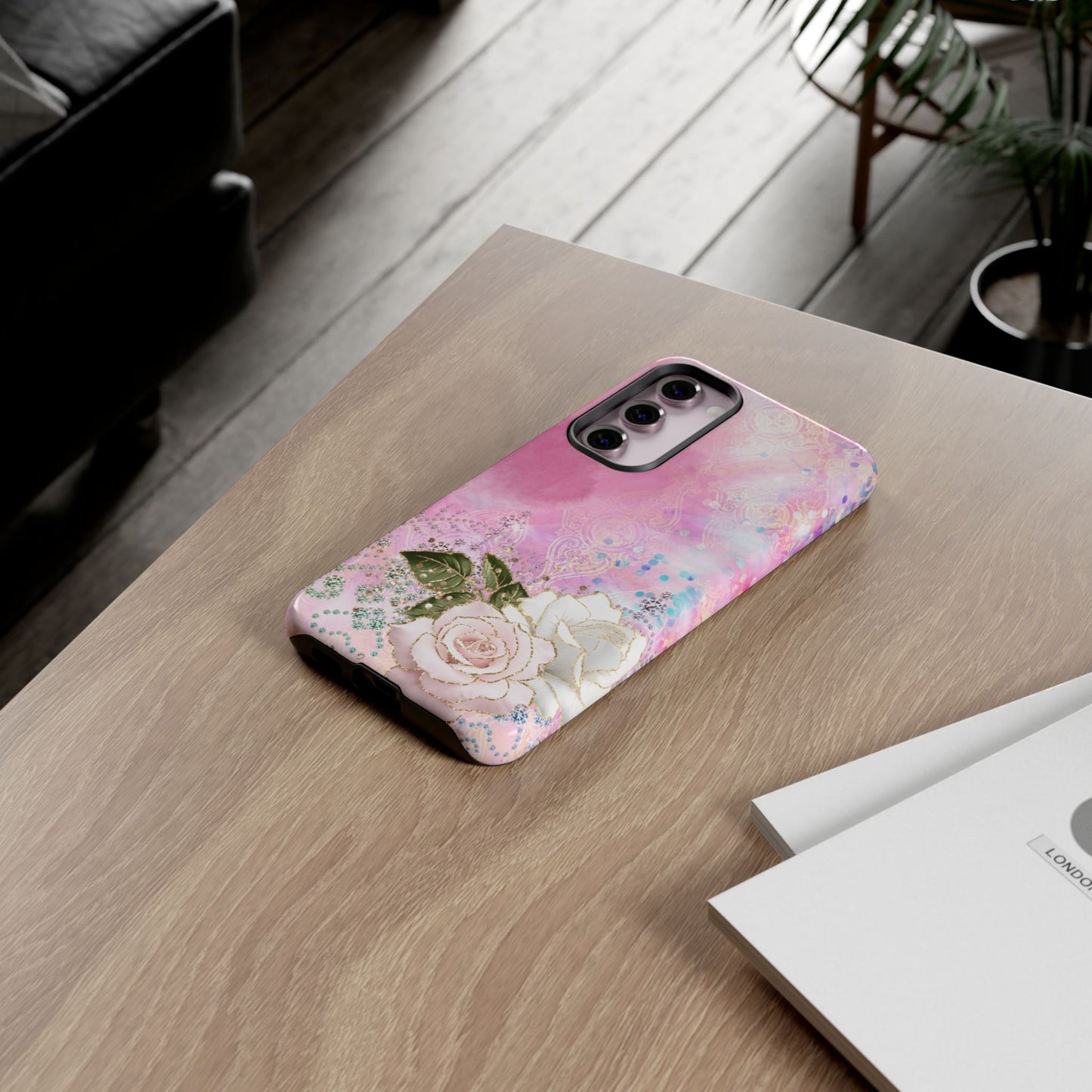 Luxury Pink & White Rose Glitter Mobile Case – Elegant & Shimmering Design