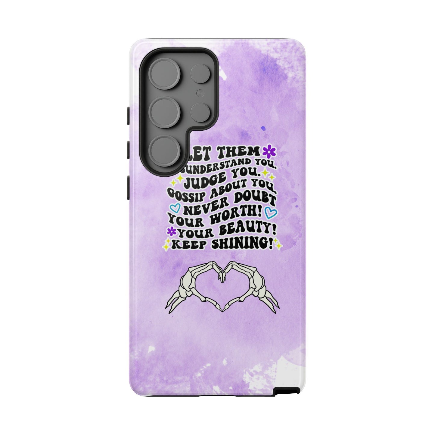 Skeleton Hand Heart Phone Case, Let Them Misunderstand You, Judge You, Gossip About You, Never Doubt Your Worth, Your Beauty Keep Shining Phone Case, Motivational Quote Cover for iPhone, Samsung & Google Pixel White Peach Checkered Pattern Phone Cover