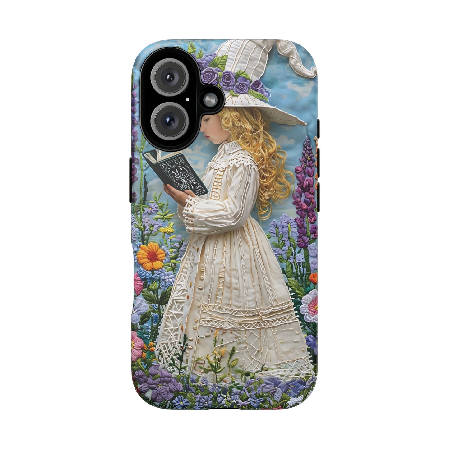 Whimsical Embroidery Of A Girl Reading In A Garden phone case design.
