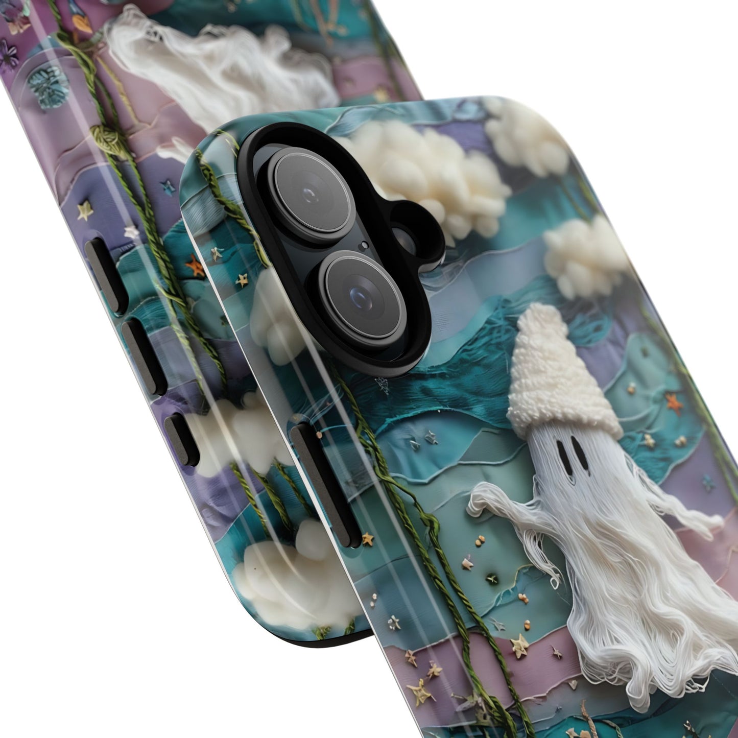 Whimsical Ghost Surrounded By Vibrant Embroidered Flowers phone case design.