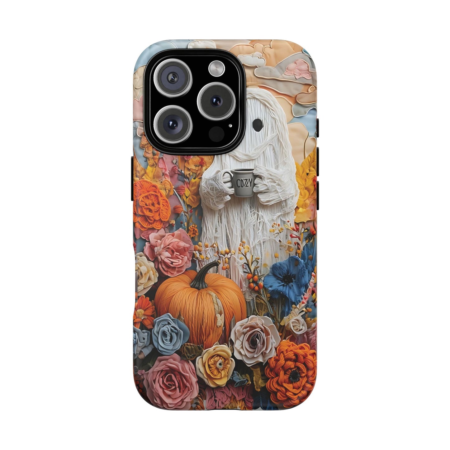 Colorful Whimsical Artwork of Ghost in Autumn Scene phone case design.