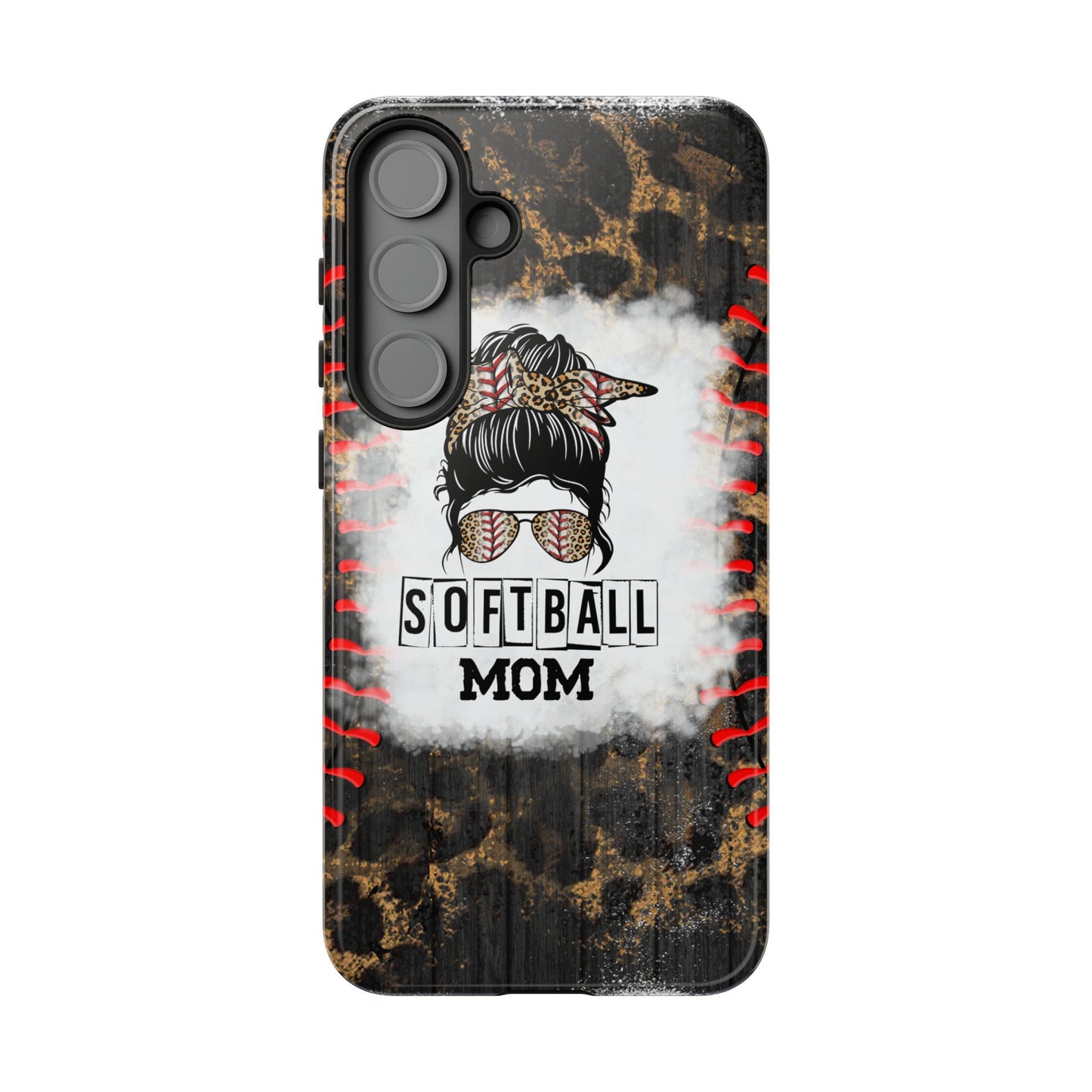 Softball Mom Phone Case for iPhone, Samsung & Google Pixel, Messy Bun Phone Case, Leopard Print Phone Case, Sports Lover Gift