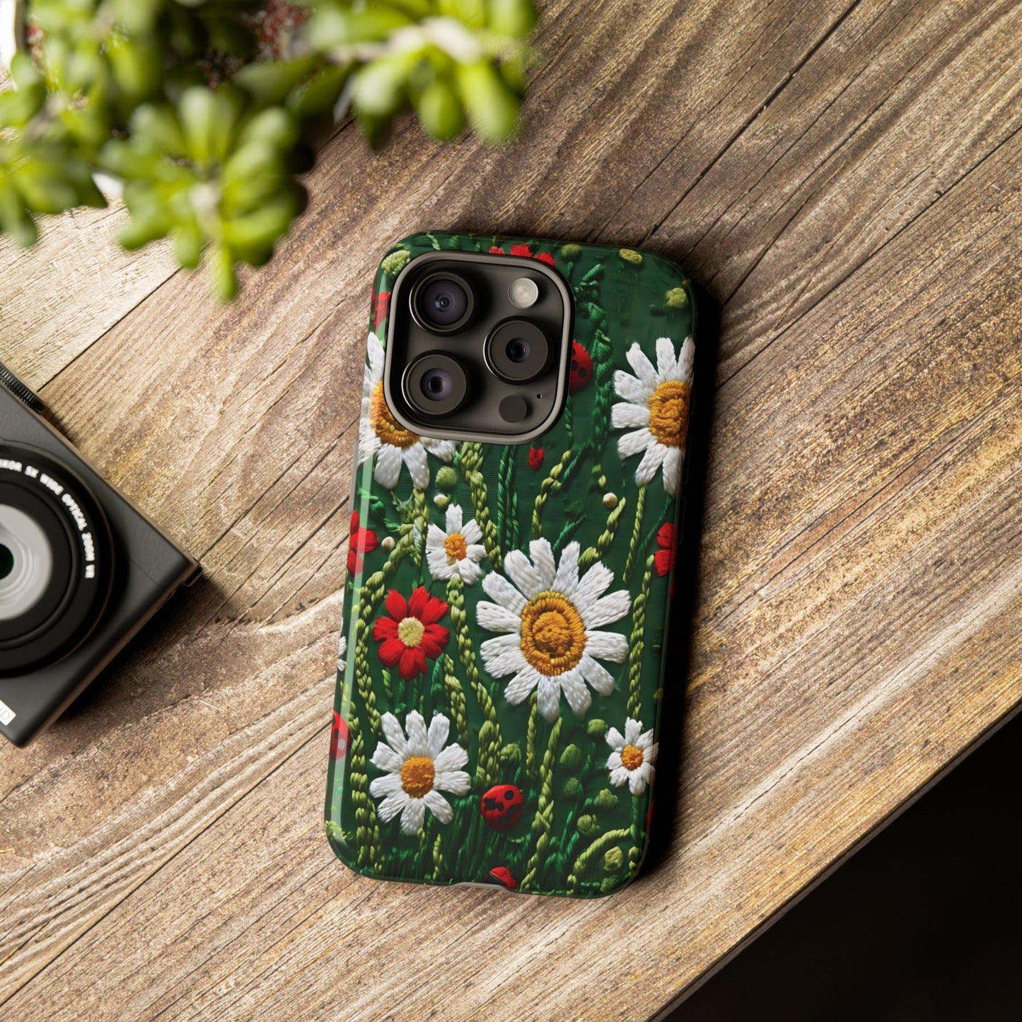Intricate Embroidered Fabric Featuring Daisies And Ladybugs phone case design