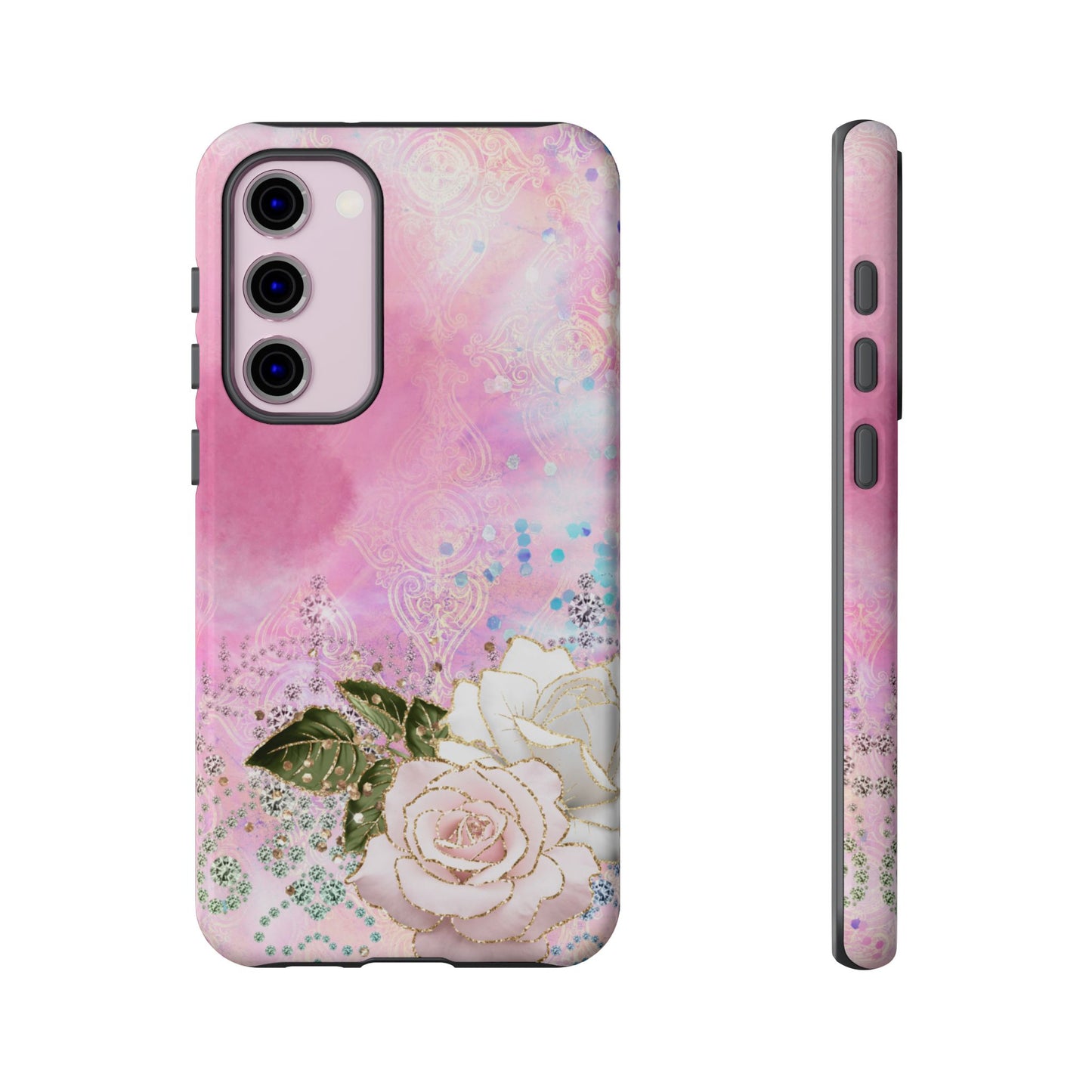 Luxury Pink & White Rose Glitter Mobile Case – Elegant & Shimmering Design