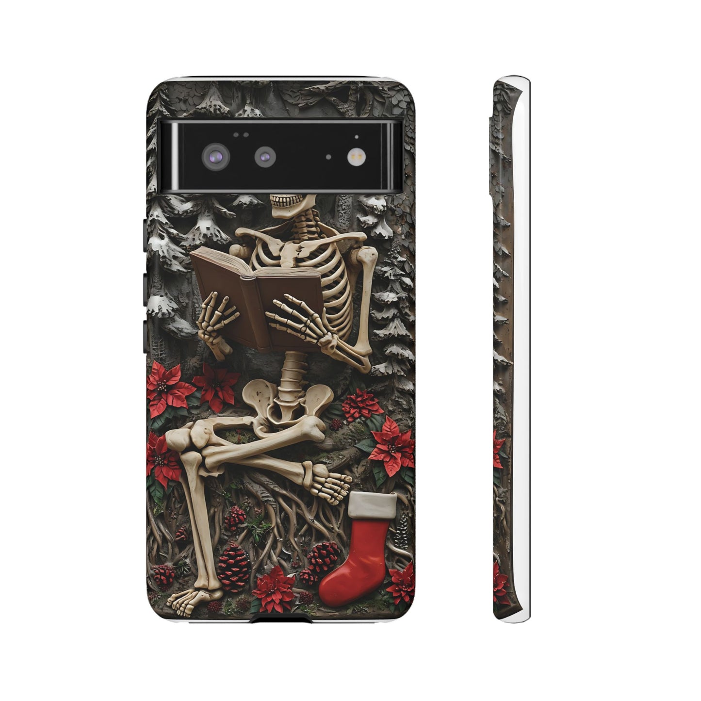 Surreal Relief Sculpture of Skeleton Reading Amidst Festive Decor phone case design