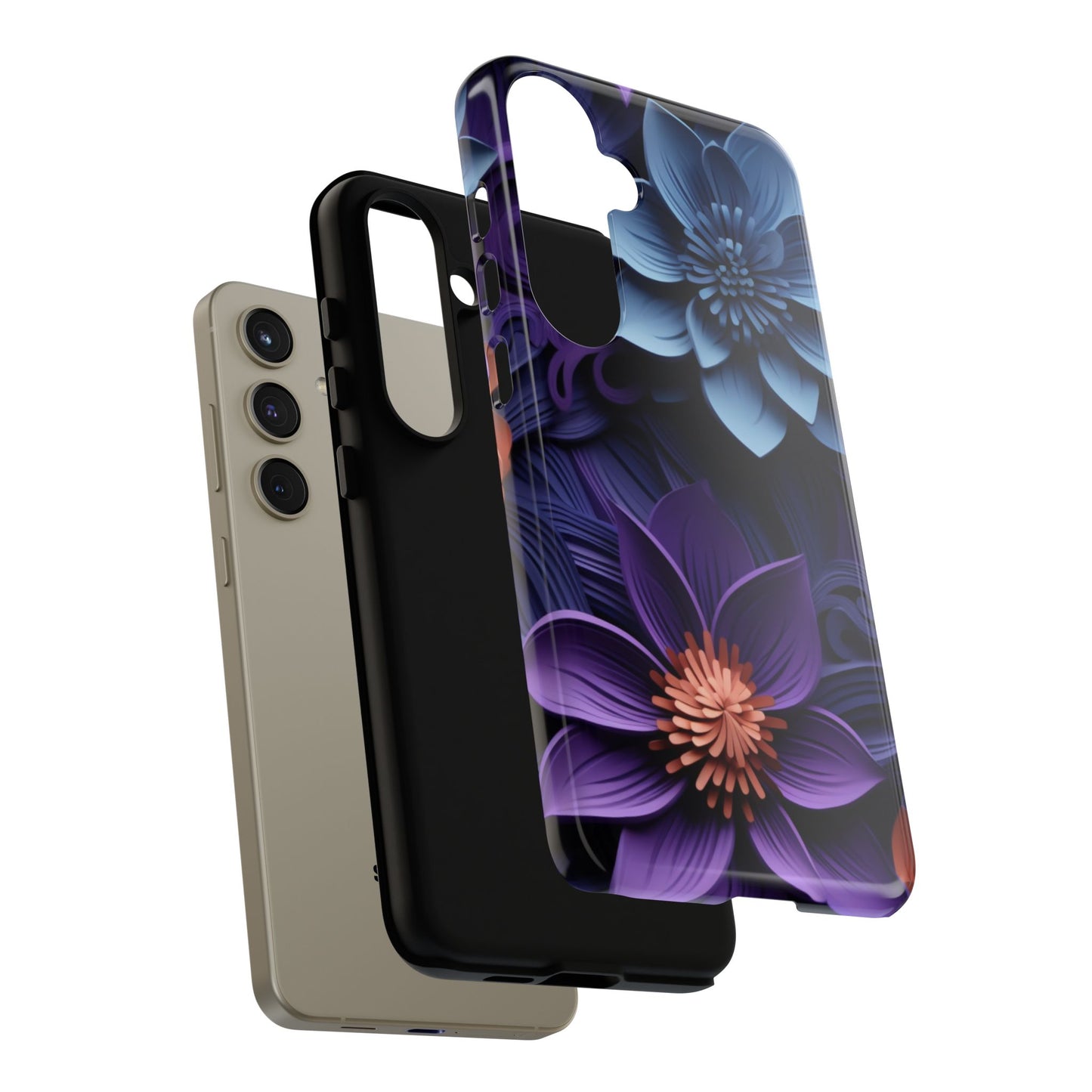 3D Floral Elegance Mobile Case – Midnight Blue & Purple Bloom