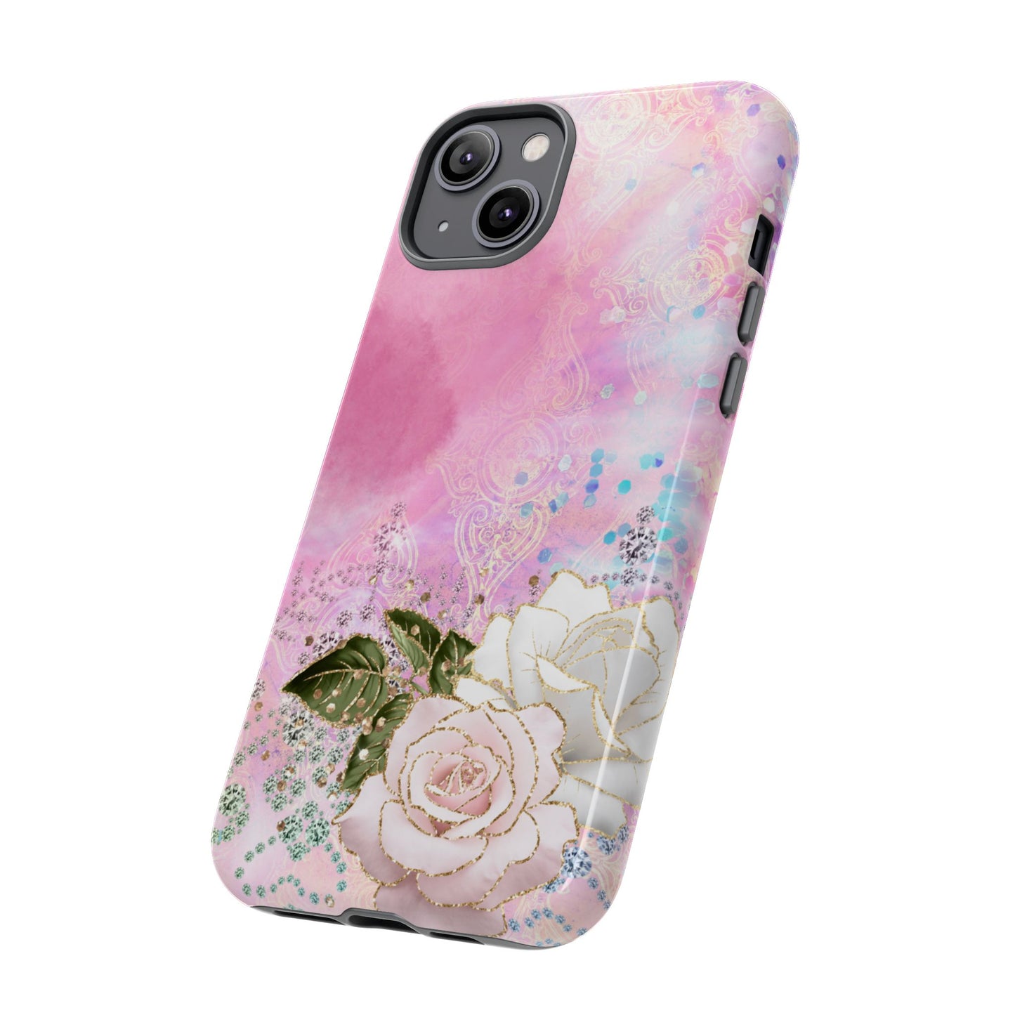 Luxury Pink & White Rose Glitter Mobile Case – Elegant & Shimmering Design