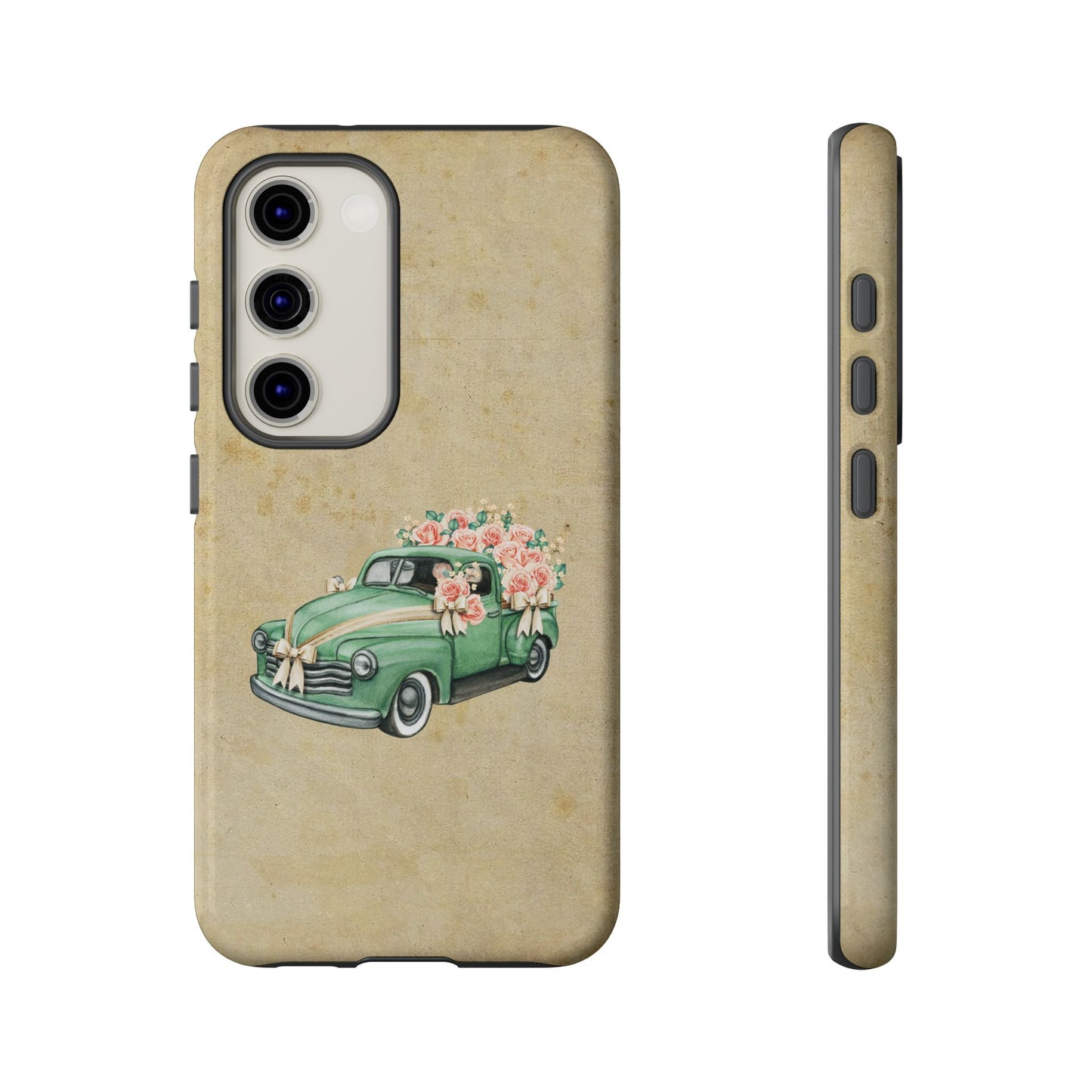 Minimal Vintage Floral Car Phone Case – Green Classic Car on Beige Background – for iPhone, Samsung & Google Pixel