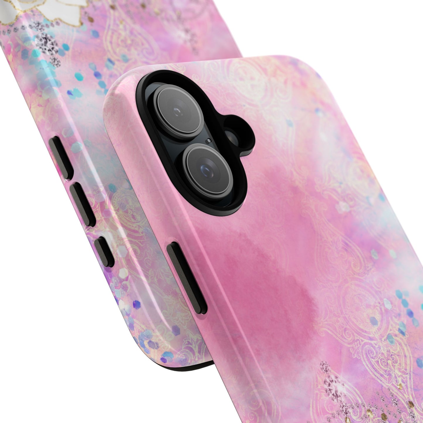 Luxury Pink & White Rose Glitter Mobile Case – Elegant & Shimmering Design