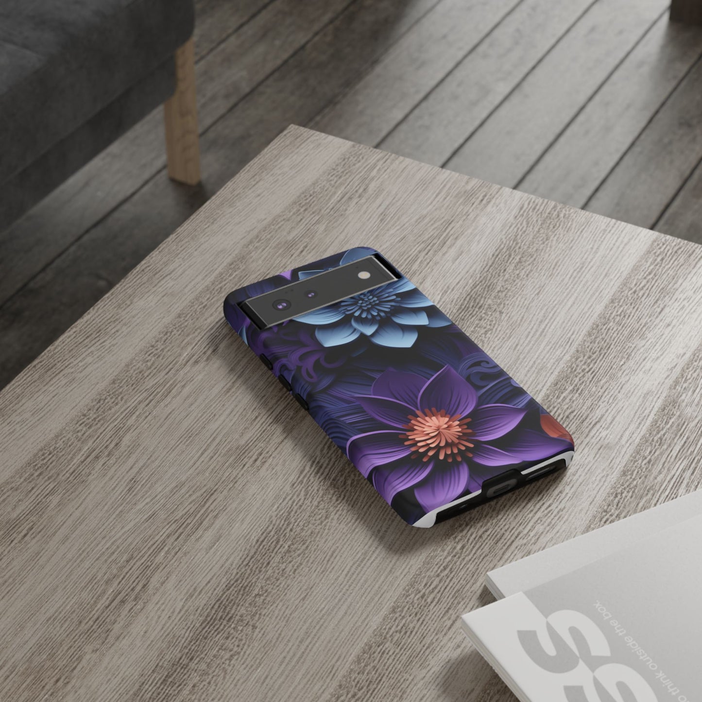 3D Floral Elegance Mobile Case – Midnight Blue & Purple Bloom