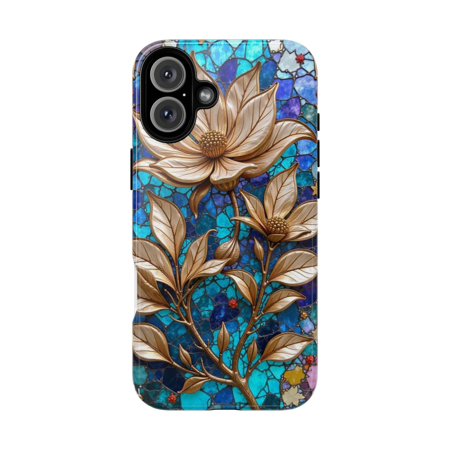 Golden Blossoms on Mosaic Blue Elegance